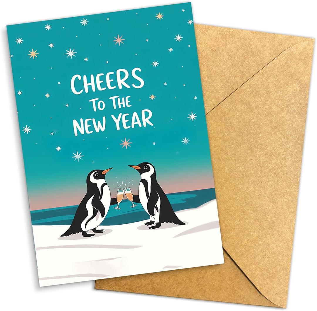 Cheers to the New Year Penguin Card for Friends, Family, or Couples  Cute Winter Celebration Greeting  8x5.3 Inch With Envelope
