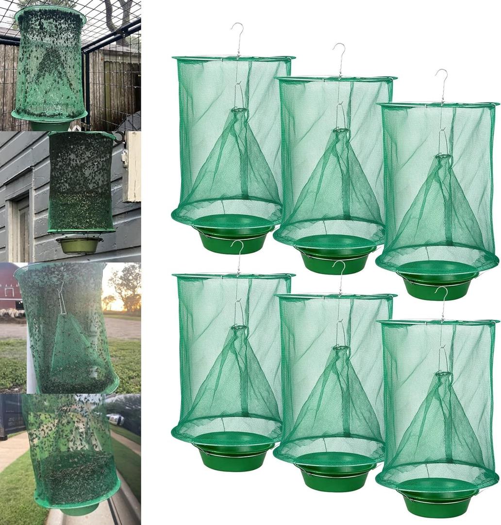 6 Pack Ranch Fly Traps Outdoor Hanging, Reusable Stable Fly Hunter Catcher Cage with Food Bait Tray, Flies Control Killer Repellent for Barn, Orchard, Farm, Horse, Patio