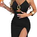 Women Bodycon V-Neck High Slit Cut-Out Dress, M