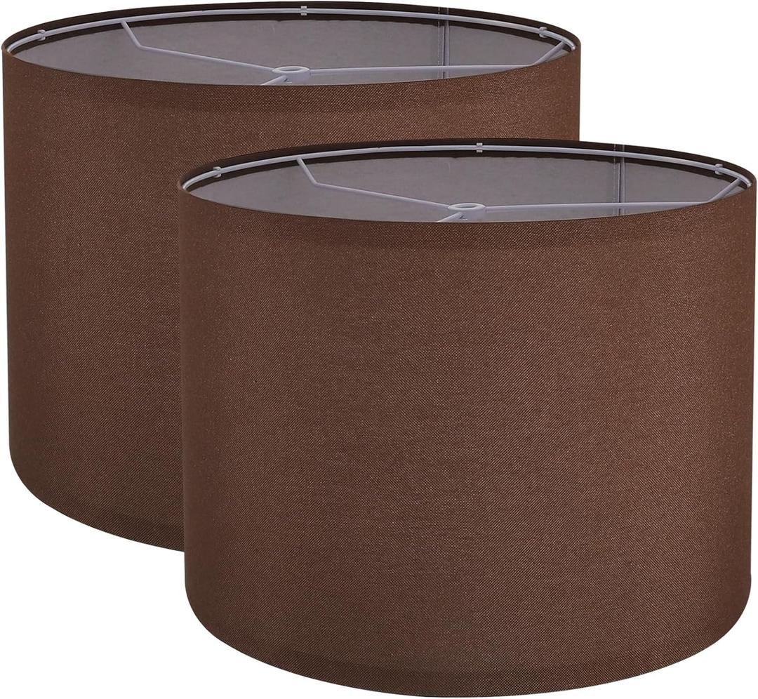 Lamp Shades Set of 2, Drum Lampshade for Table Lamps Floor Lamp, 13" Top X 13" Bottom X 10" High Brown Large-Medium Line Fabric Lamp Shades, Easy Assembly Replacement Lampshades