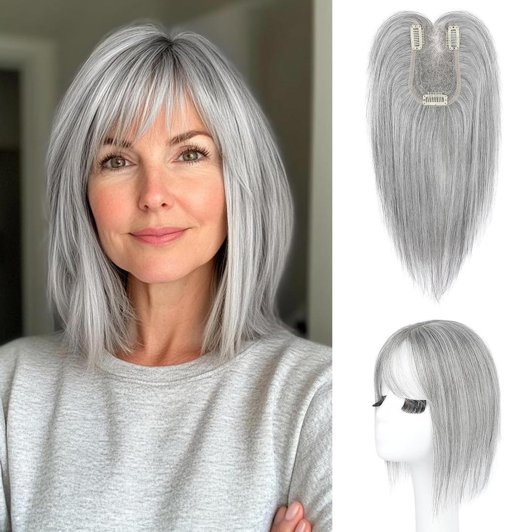 HOOJIH Hair Topper for Women with Thinning Hair 4x2.5inch Base Real Human Hair Topper with Bangs Handmade Invisible Lace Front Topper - Light Gray