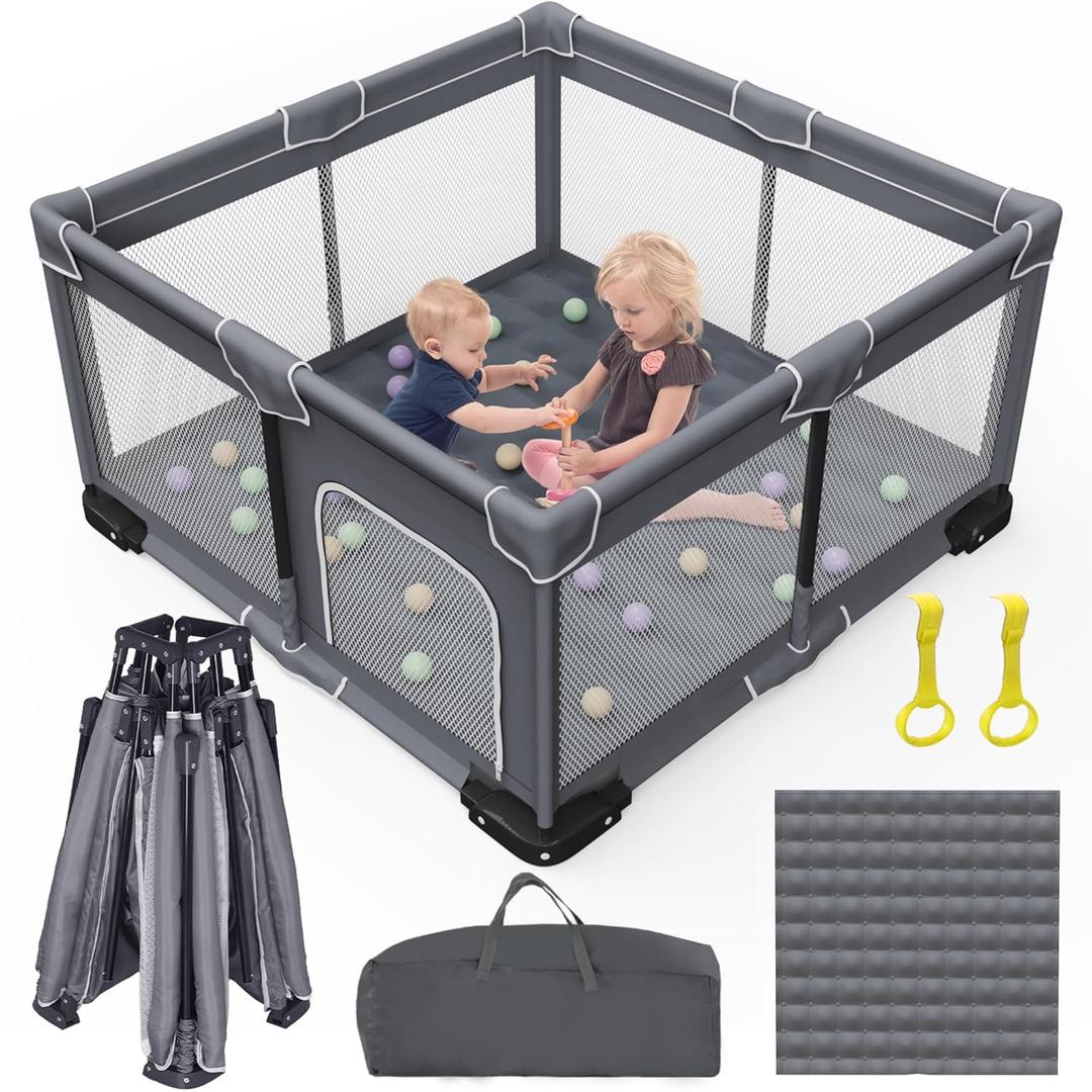 Foldable Baby Playpen with Mat, Foldable Playpen for Babies and Toddlers, Folding Portable Kids Play Pen, Collapsible Play Yard with 2 Handles + Suitable Size Mat(Grey, 50x50 inches)