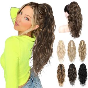 LONAI Ponytail Extension, 18" Wavy Claw Clip Ponytail Extensions ZJ001 Curly Wavy Claw Clip in Ponytail Hair Extensions Synthetic Fake Pony tails Hairpieces-Deep Brown with Dirty Blonde
