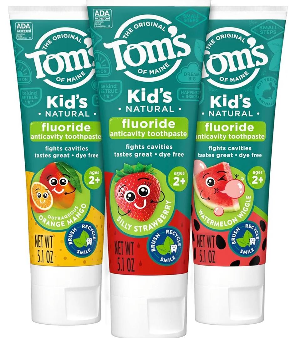 Tom's of Maine Anticavity Kids Natural Toothpaste Variety Pack, Strawberry, Orange Mango, Watermelon Flavors, Kids Toothpaste with Fluoride, Safe for Ages 2 and Up, 5.1 oz (Pack of 3)