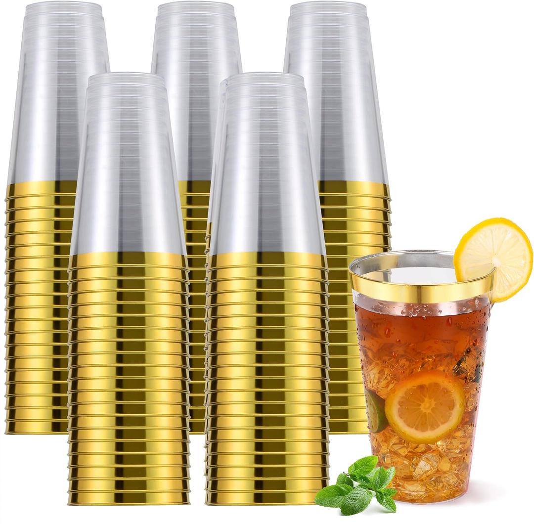 YOUTHSHIP 100 Pcs 16 Oz Disposable Plastic Gold Rimmed Elegant Cups for Wedding, Birthday, Baby Shower Parties