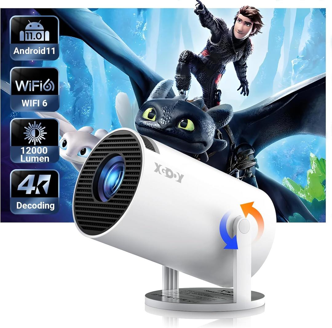 Smart Mini Projector WiFi6 Bluetooth 5.0 XGODY Gimbal 3 Protable Projector 12000L Support 4K with Android TV 11.0, Auto Keystone Correction Video Projector, 180Rotatable Stand for Home MovieWhite