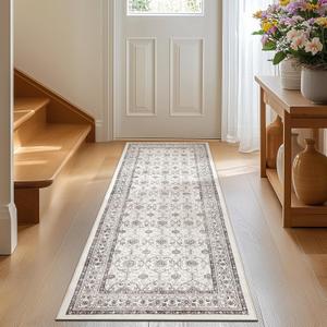 jinchan Runner Rug 2x6 - Machine Washable Beige Vintage Floral Distressed Design Soft Non-Slip Low-Pile Ultra-Thin Runner Rug for Kitchen Hallway Laundry Room Entryway Farmhouse (2x6', Multi Bieige)