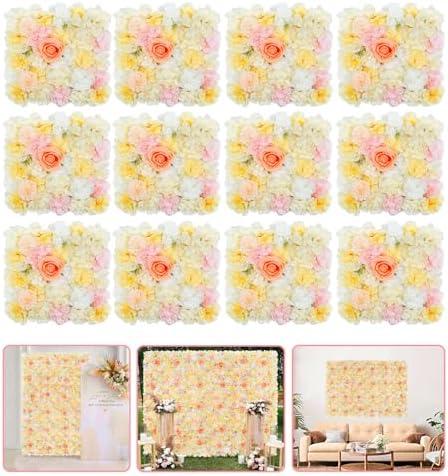 Yellow Pink Floral Wall Backdrop Panels - 5ftx3.74ft Fake Flower Backdrop Wall Artificial Wedding Background for Bridal Shower Birthday Home Party Decor