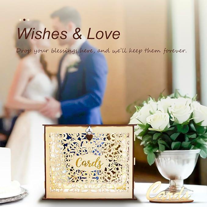 Wood Wedding Card Box with Lock and Key, Wedding Card Box for Reception,Wedding Gift Money Box Holder for Graduation Parties DIY Party Decor Wedding Reception Bridal Baby Shower Birthday