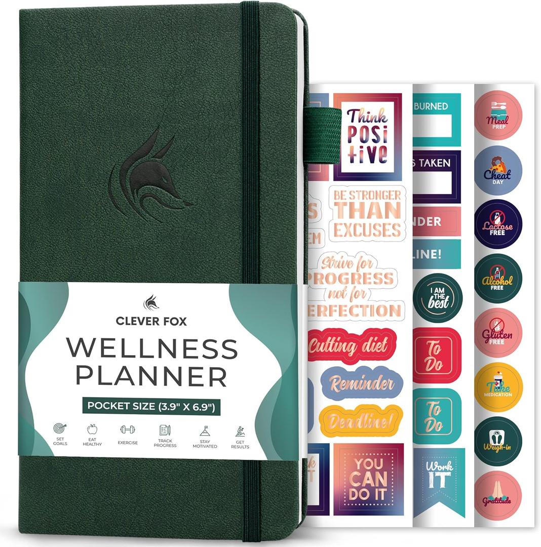 Clever Fox Wellness Planner - Weekly & Daily Health and Wellness Log, Food Journal & Meal Planner Diary for Calorie Counting, Notebook for Medical Condition Tracking  Pocket size (Forest Green)