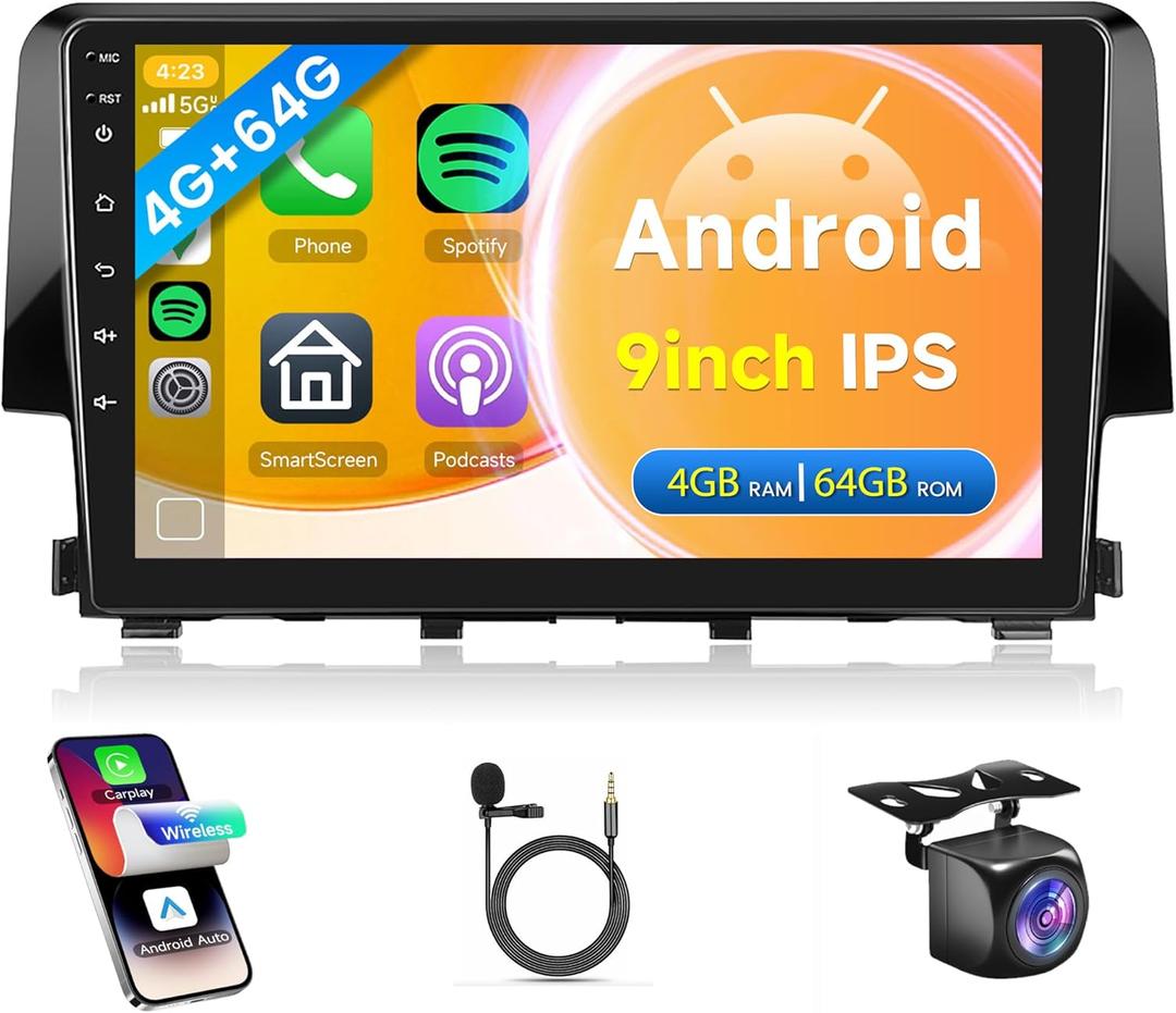 4G+64G Car Radio for Honda Civic 2016 2017 2018 2019 2020 (Original car with Screen), Rimoody Android Car Stereo Carplay Android Auto GPS WiFi 9'' Touchscreen Bluetooth FM/RDS EQ SWC Backup Camera