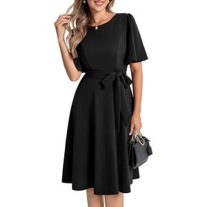 Bbonlinedress Women Midi Vintage Cocktail Party Tea Dress Short Sleeve Formal Wedding Guest Church Modest Dress (Black, L)