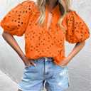 BETTE BOUTIK Women's Long Short Sleeve Tops 2025 Dressy Casual Button Hollow Out Lace Embroidered Blouses Shirts (Orange, M)