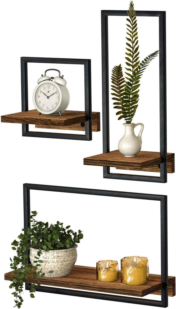 Metal Frame Rustic Wooden Floating Hanging Shelves, Home Decor Wall Mounted Display Organizing Shelf for Living Room, Bedroom, Office Bathroom. Set of 3