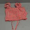 Women's Tie Up Split Front Gingham Square Neck Puff Sleeve Plaid Crop Top Blouse, Size XS