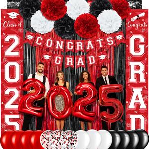 Graduation Party Decorations Class of 2025, Graduation Decorations with Congrats Grad Banner Fringe Foil Curtain Paper Flower Ball Balloons for High School College Grad Party Supplies, Red