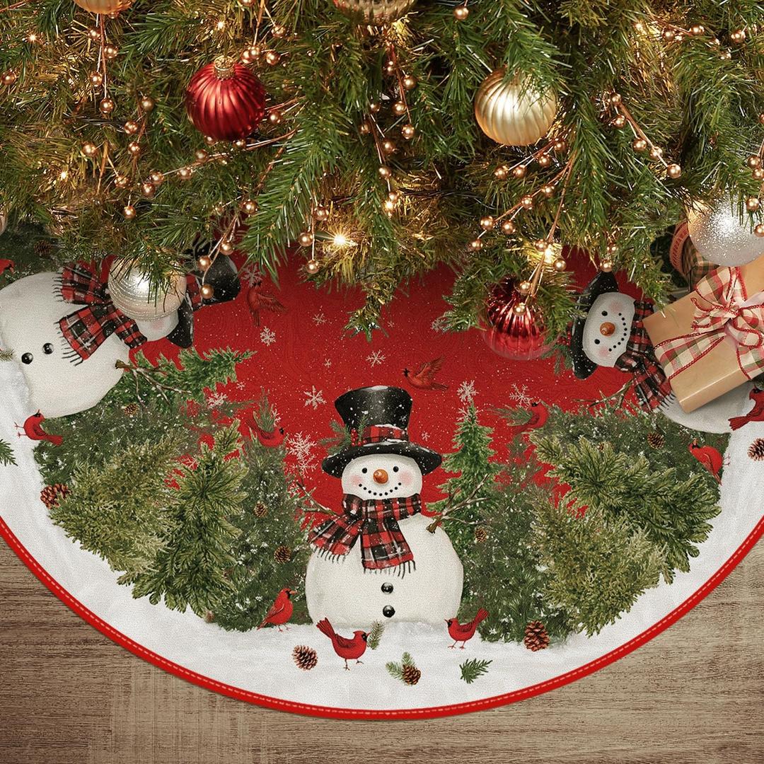 AVOIN colorlife Cardinals Cedar Snowman with Scarf Christmas Tree Skirt, Xmas Winter Holiday Party Tree Mat Indoor Outdoor Decoration 36 Inch (Red)