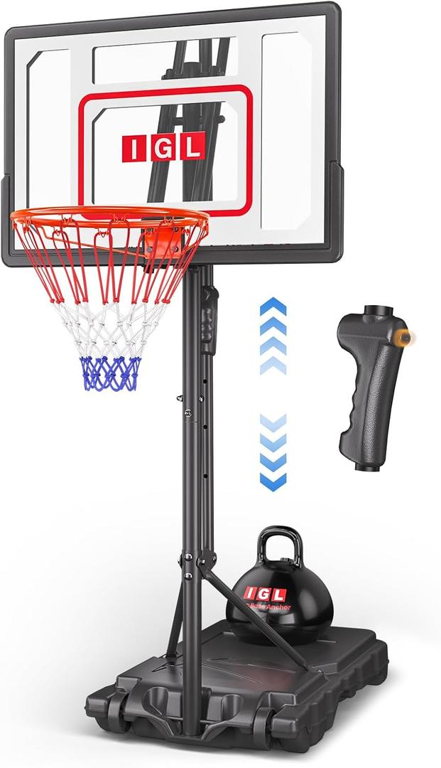 IGL Kids Basketball Hoop Outdoor | 4-8.5ft Adjustable Height | 33" Shatterproof Backboard | Fillable Base & Extra Anchor | Portable Goal w/Wheels for Backyard Driveway
