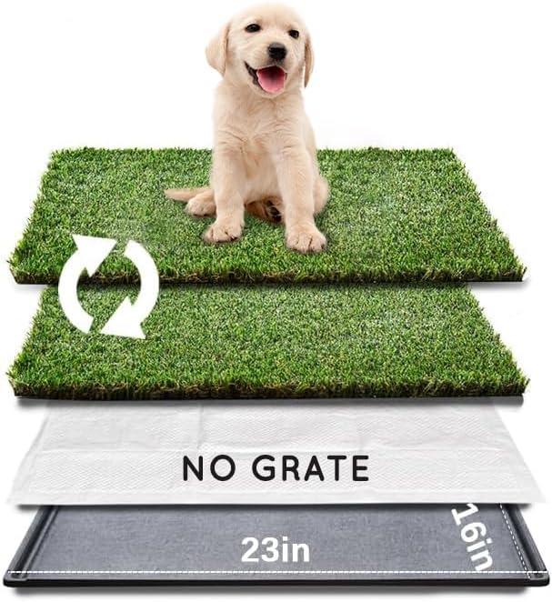 HQ4us Dog Grass Pad with Tray Small 23" x 16" Dog Litter Box Toilet for Puppy (No Grate) with 2Artificial Grass for Dogs with Hemmed Edge, Pee Pads for Dogs, Realistic, Less Stink, Potty for Balcony