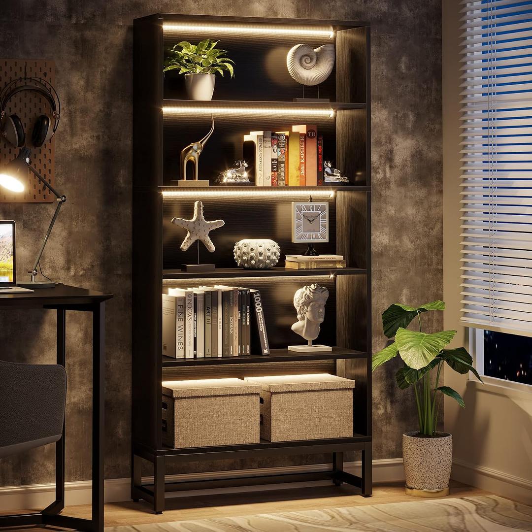 Tribesigns Tall Bookcase Black Bookshelf, 70.8 Large Bookcases Organizer with LED Lights, Heavy Duty Free-Standing Library Bookshelf with 5-Tier Storage Shelves for Living Room, Bedroom (Black), 31.49 inches x 11.81 inches x 70.87 inches