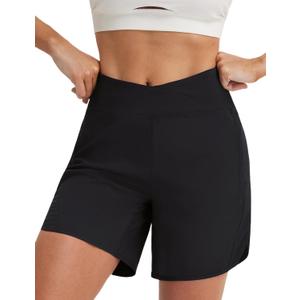 baleaf Women's 7 inch Athletic Shorts Crossover Waist Quick Dry Shorts (Black, L)