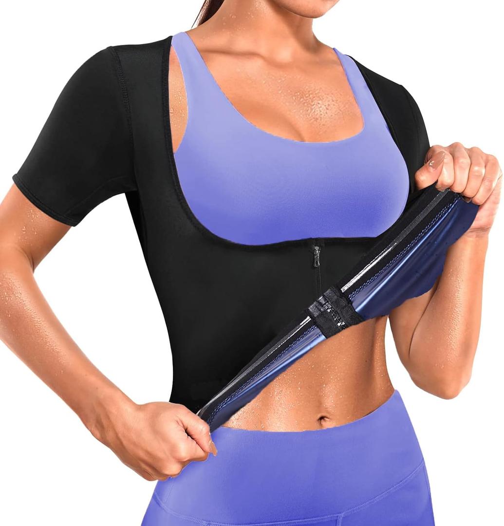 BXVX Sauna Suit Shirt for Women Weight Loss Sweat Siuts Waist Trainer Vest Workout Compression Tank Top Zipper (Black, XL)