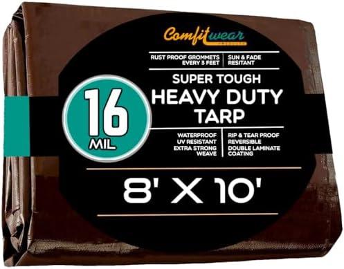 COMFITWEAR 16 MIL Heavy Duty Tarp Super Heavy Duty Tarp Cover 16 MIL Multi-Purpose Extra Heavy Duty Tarps Car Tarp Boat Tarp Camping Tarp General Purpose Waterproof Tarp Cover (8' X 10', Brown)