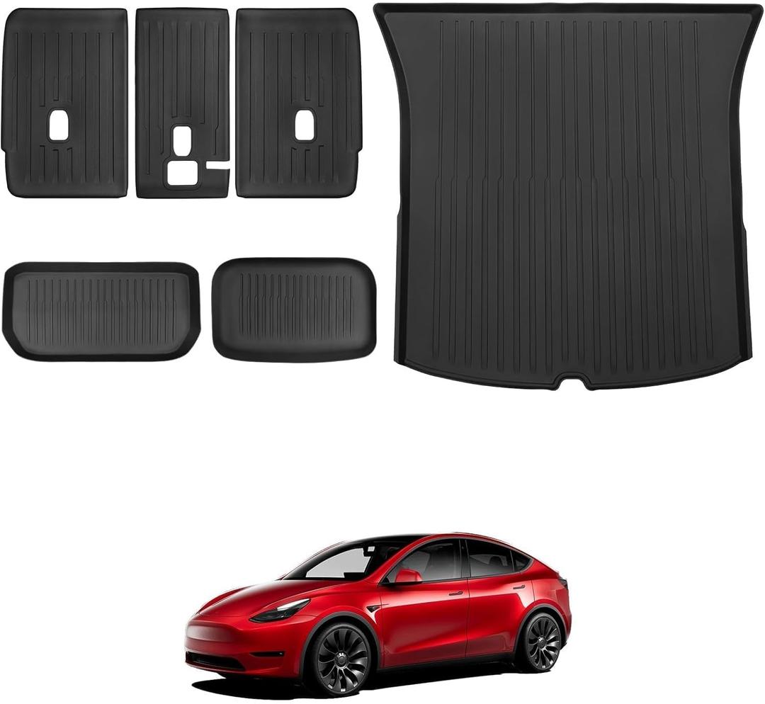 BASENOR 2025 Upgrade Tesla Model Y All-Weather Waterproof Rear Trunk Mat TPE Anti-Slip Frunk Rear Cargo Liner Second Row Seats Back Cover Protector Model Y Interior Accessories 2020-2024