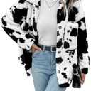 HBER Women's Casual Faux Fur Jacket Trendy Long Sleeve Button Up Cow Print Autumn Winter Loose Sherpa Fur Coats with Pockets M