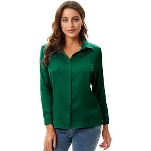 Escalier Women's Silk Blouse Long Sleeve Satin Button Down Shirt Casual Work Office Silky Blouse Top (Green, M)