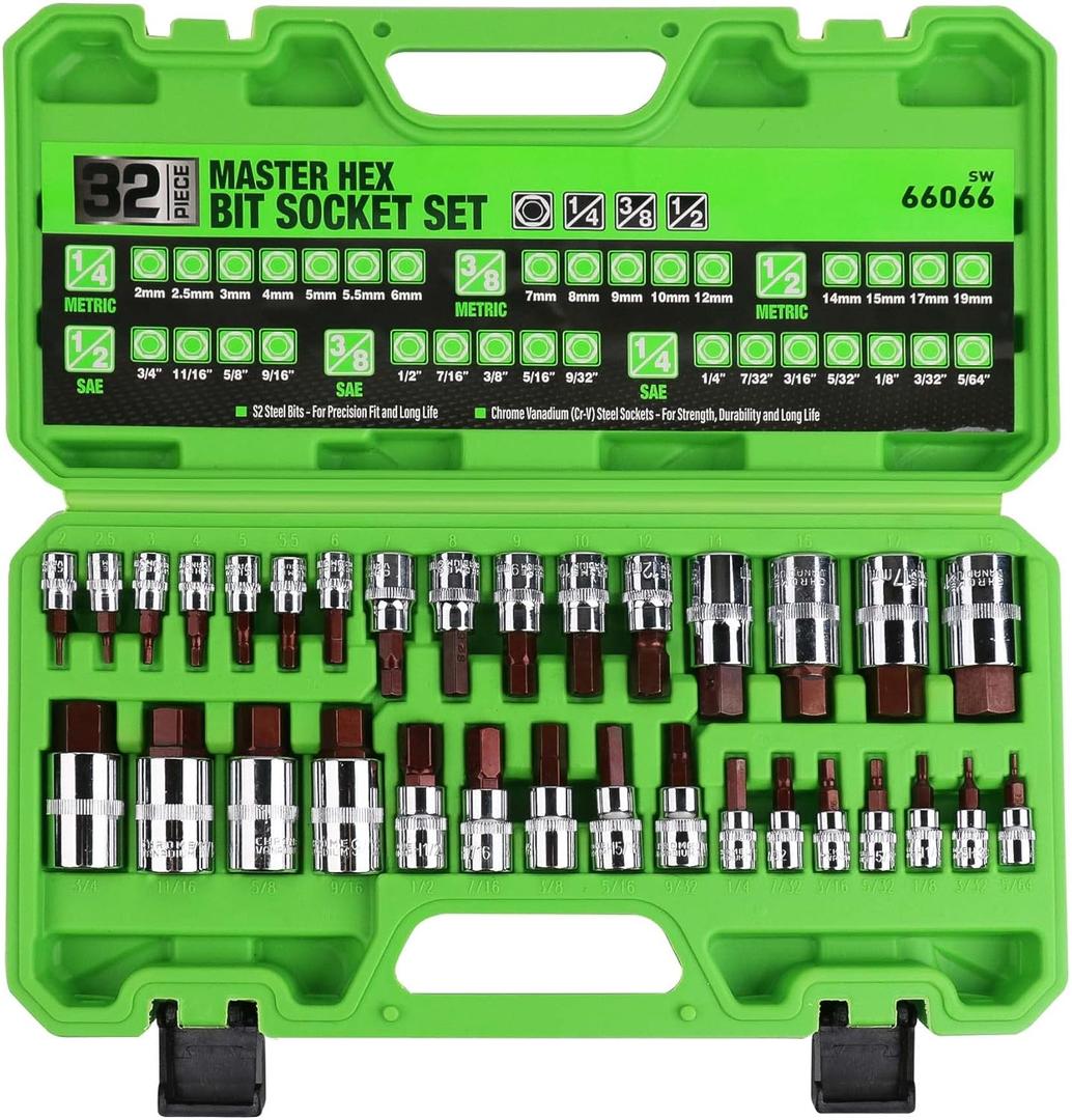 SWANLAKE 32 Piece Hex Bit Socket Set,SAE and Metric, 1/4'', 3/8', 1/2'' Drive Socket Set, S2 & Cr-V Steel