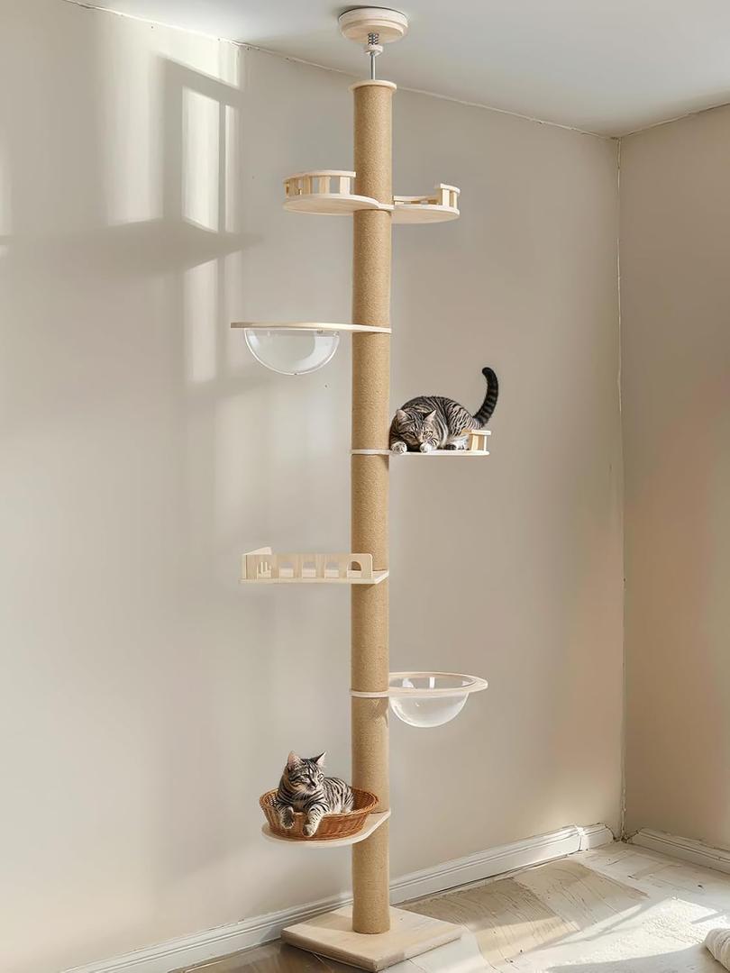 Veehoo Floor to Ceiling Cat Tree Height(106-123 Inch) Adjustable, Sturdy Tall Cat Tree with 4.3" Thickened Scratching Posts, Floor to Ceiling Cat Tower for Indoor Cats (Beige)