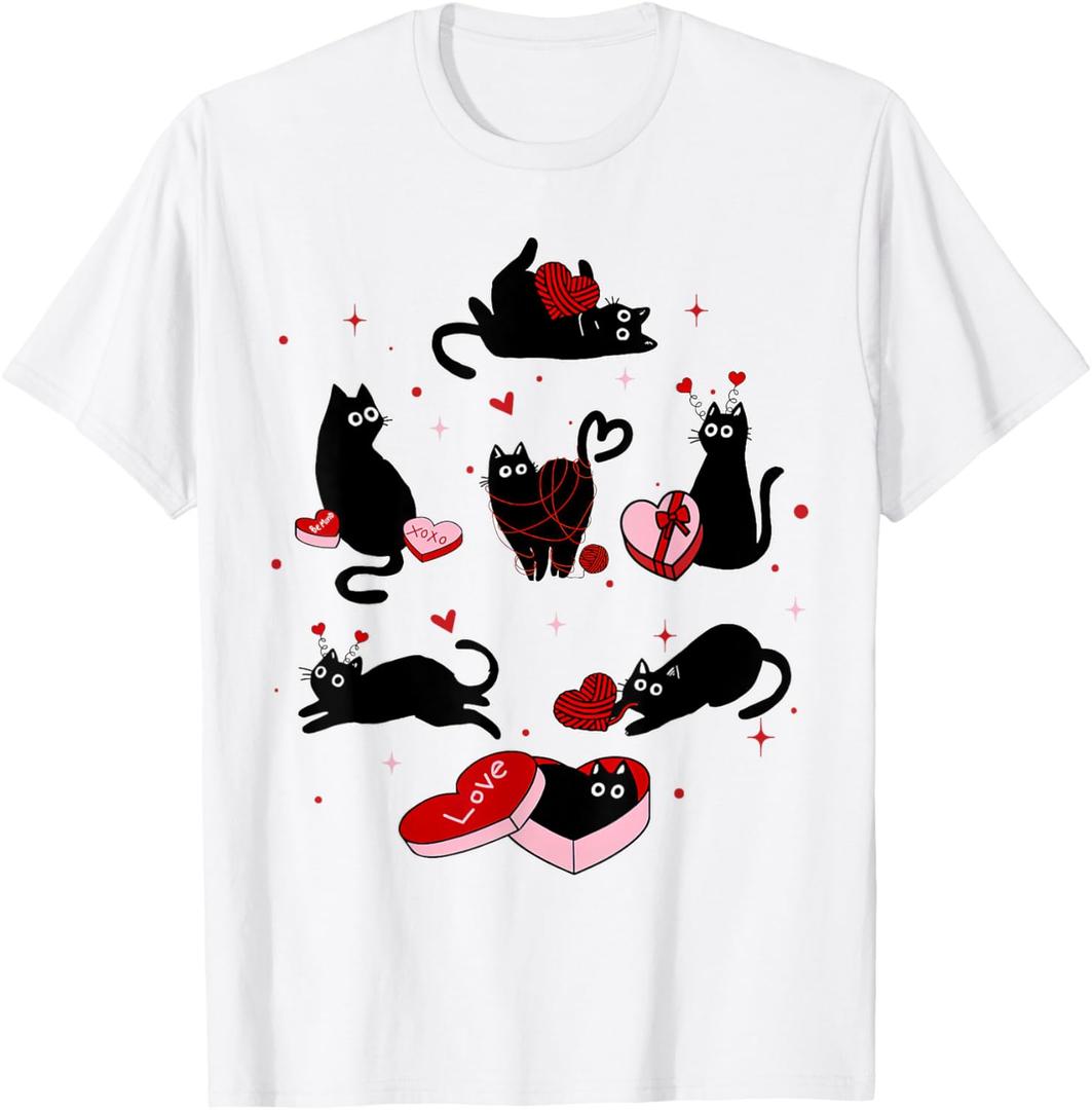 Cute Black Cat Kitten Red Heart Happy Valentine Black Cat Men Women T-Shirt, XS