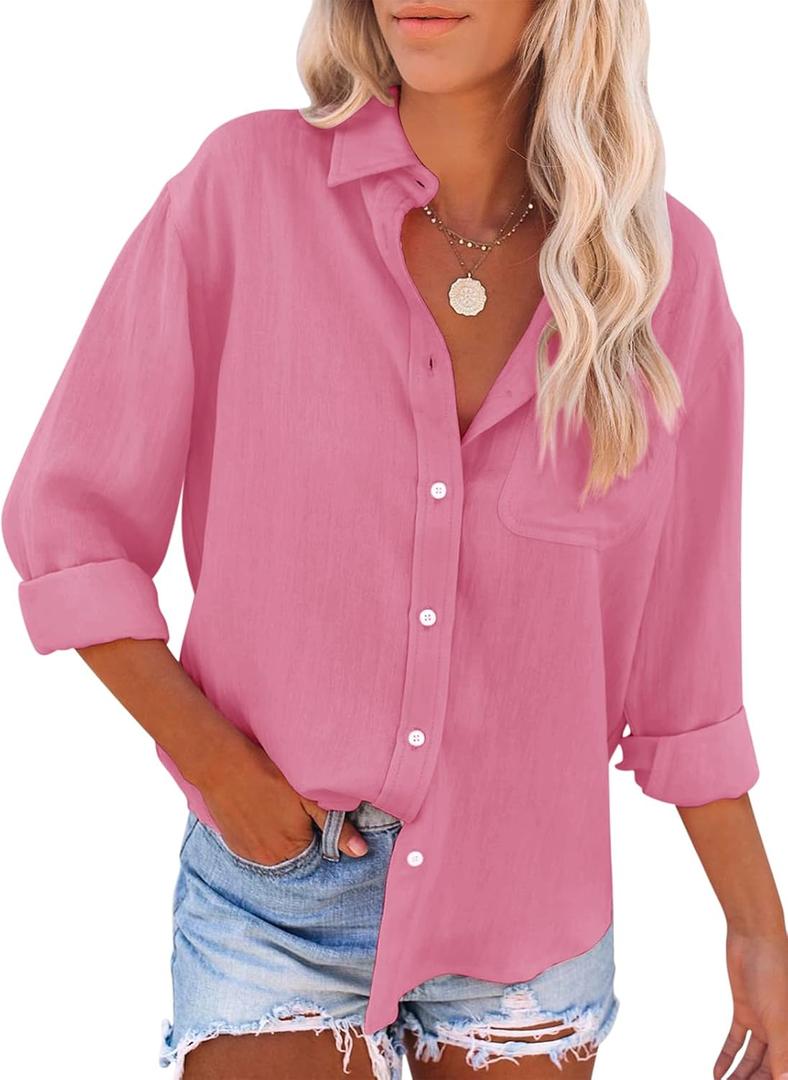 siliteelon Womens Button Down Shirts Cotton Dress Shirts Long Sleeve Blouses V Neck Tops with Pockets Solid Casual Tunics (X-Small, Camel Pink)