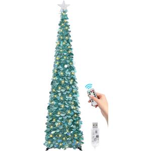 6 FT Pop Up Christmas Tree with 100 LED Timer Lights & Remote, Green Collapsible Christmas Tinsel Tree Artificial Pencil Tree Xmas Decoration for Holiday Home Office Party, USB Powered (Holographic Ice Blue)