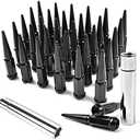 MIKKUPPA 14mm x 1.5 Wheel Spike Lug Nuts, 24pcs M14x1.5 Lug Nut, Cone/Conical Bulge Seat, Black Closed End Nuts with 1 Socket Key Replacement for Chevy Silverado GMC Dodge Ram Ford F150 