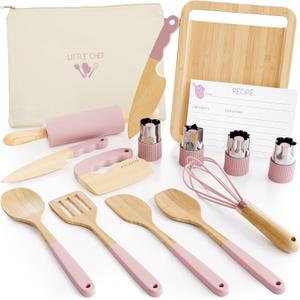 Wooden Cooking & Baking Set for Kids - Safe & Real Kitchen Tools Give Toddlers a Fun Cooking Experience - Durable Utensils are Perfect for Gifting to Create Lasting Family Memories (Pink)
