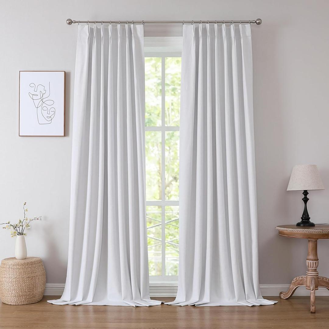 Kayne Studio White Full Blackout Linen Textured Pinch Pleated Curtains 90 inch Long for Living Room, Thermal Insulating Pinch Pleated Drapes for Traverse Rod and Track,40" x 90", 9 Pin Hooks, 1 Panel