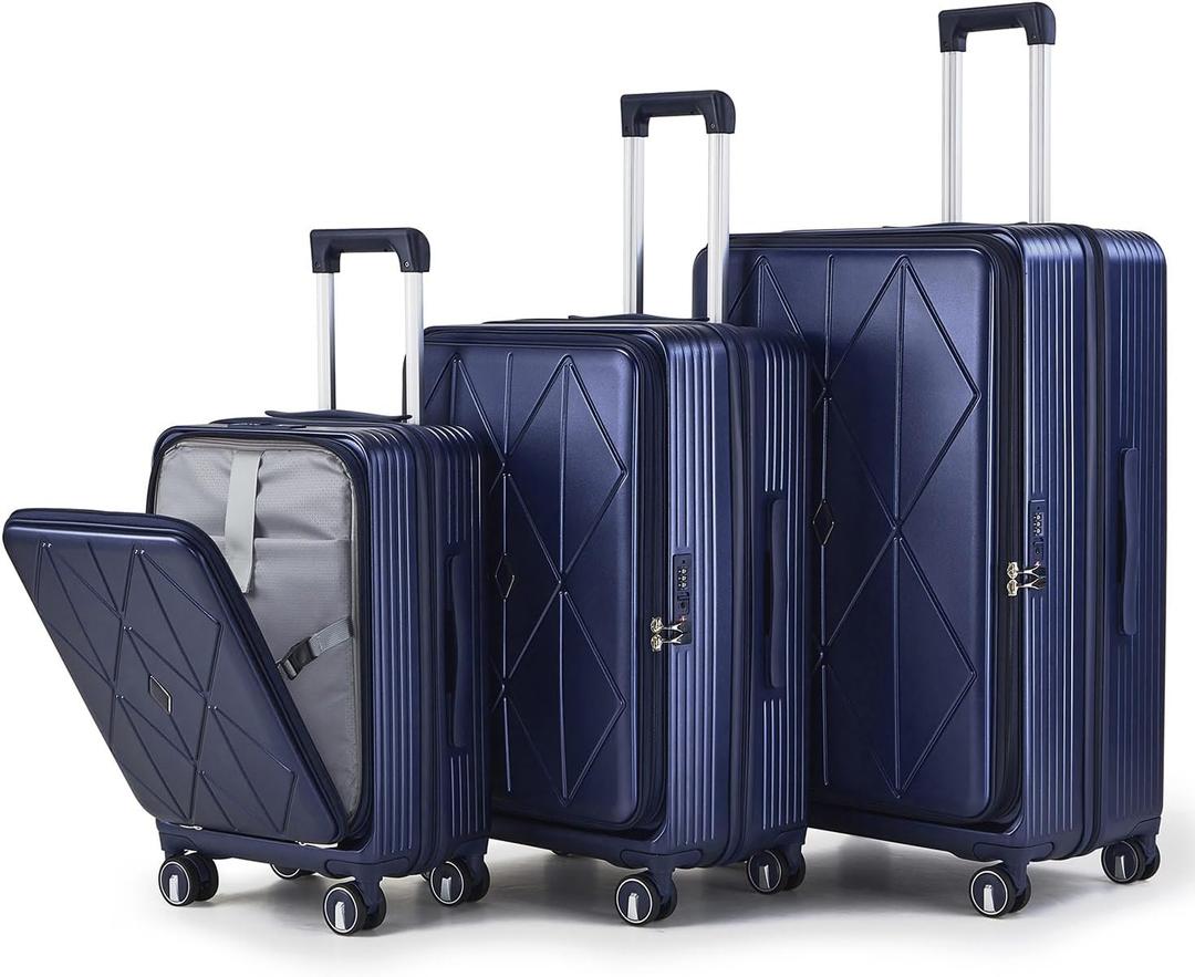 TRAVELEO 3 Piece Luggage Set 100% PC Hardshell, Front Opening Expandable Suitcase (20/24/28) with Laptop Compartment & Free Custom PVC Covers, Lightweight Spinner Wheels TSA Lock (Navy Blue)