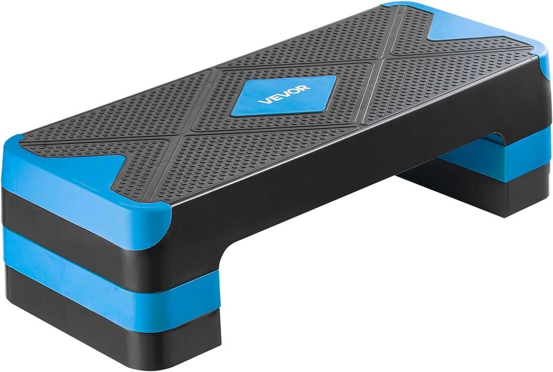 VEVOR Aerobic Exercise Step Platform, 28-Inch Workout Aerobic Stepper, Height Adjustable Fitness Training Step Deck Trainer with 4 Risers, Non-Slip Surface Bench for Home Gym Cardio Strength (Blue)