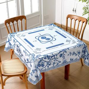 Oudain Chinoiserie Mahjong Tablecloth Florals Card Table Cloth 55x 55 Inch Square Tablecloth Game Table Cover with Game Rules for Mahjong Beginners, Card, Board Tile Games(Blue and White)