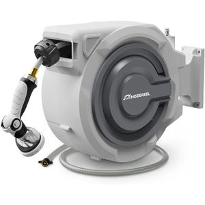 110 FT Retractable Garden Hose Reel by HOZEREEL, Outdoor Garden Hose Reels 1/ 2" - Automatic Self Retract Wall Mount Hose Reel Enclosed Storage, Any Length Lock, 10 Pattern Nozzle-Grey