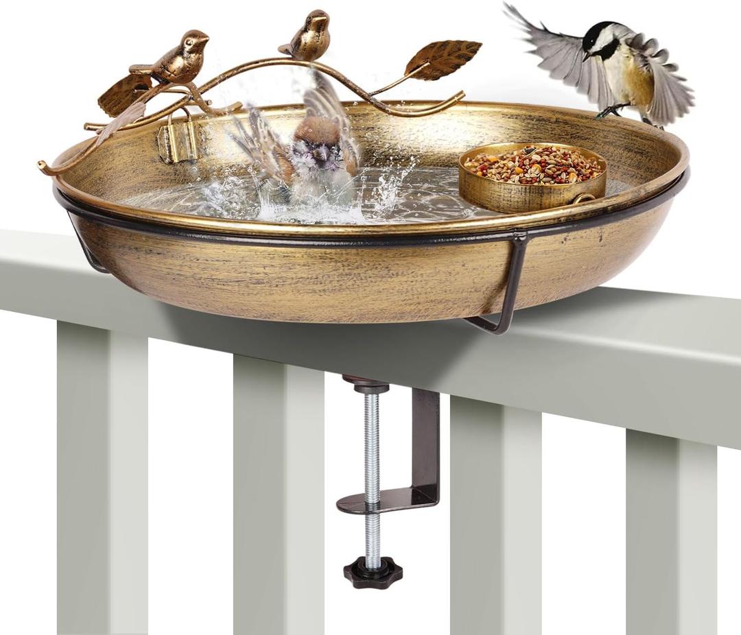 Metal Deck Mounted Bird Bath - 12 Inch Bronze Color Bird Bath for Outdoor with Small Bird Feeder and Decor Branch - Attracts Hummingbirds, Cardinals, Finches