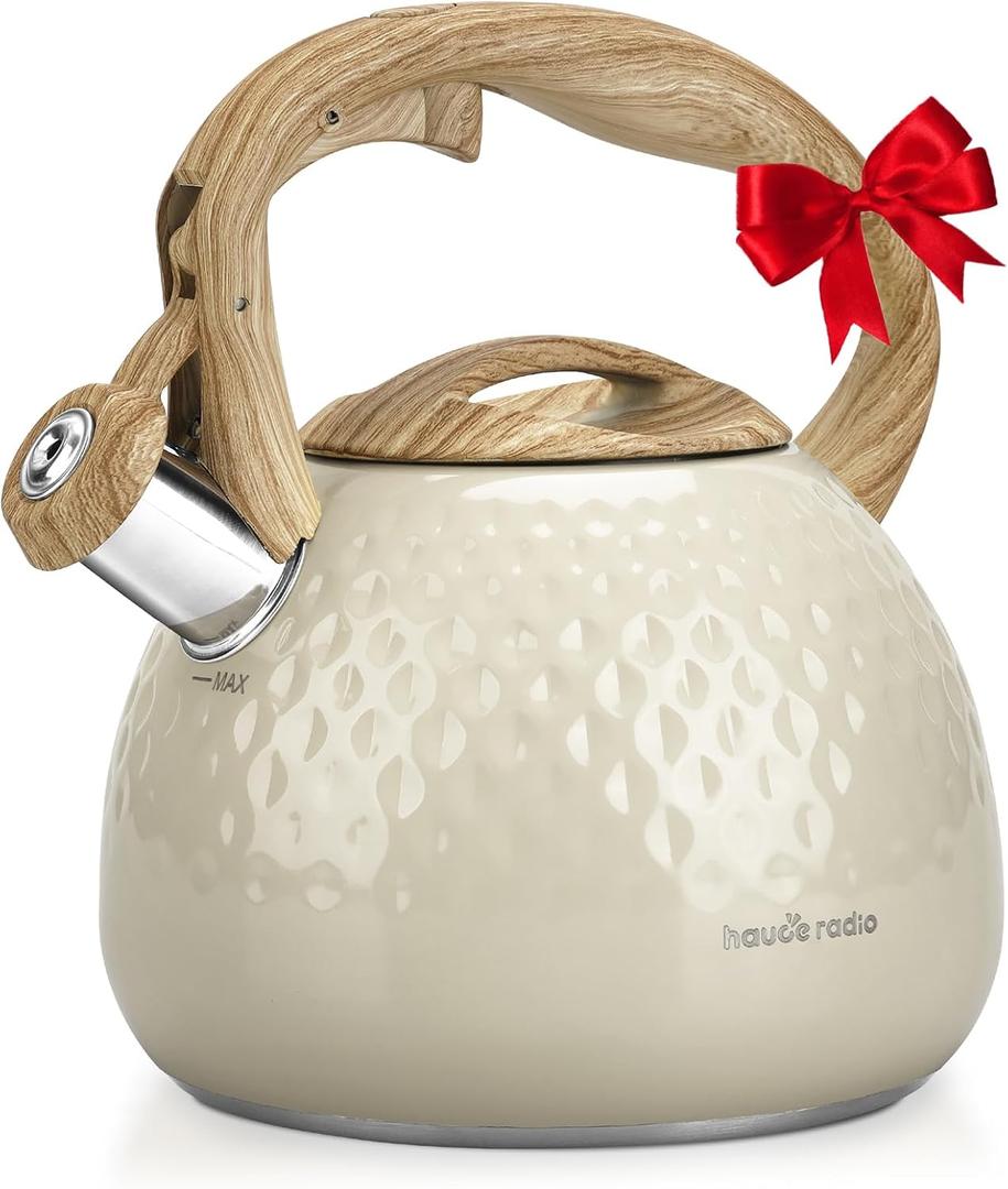 Hauce Radio Tea Kettle Stovetop Teapot, 2.5 Quart Loud Whistle Food Grade Stainless Steel and Smooth Wood Pattern Handle, Sophisticated Look for Hiking, Picnic, for Tea, Coffee Milky White