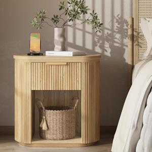 Fluted Nightstand with Charging Station, 23.6" Large Bedside Side Table with Drawer, Wood End Table with Storage, Curved Round Corner, Furniture Bedroom Sofa, Mid Century Modern, Farmhouse Boho,Oak