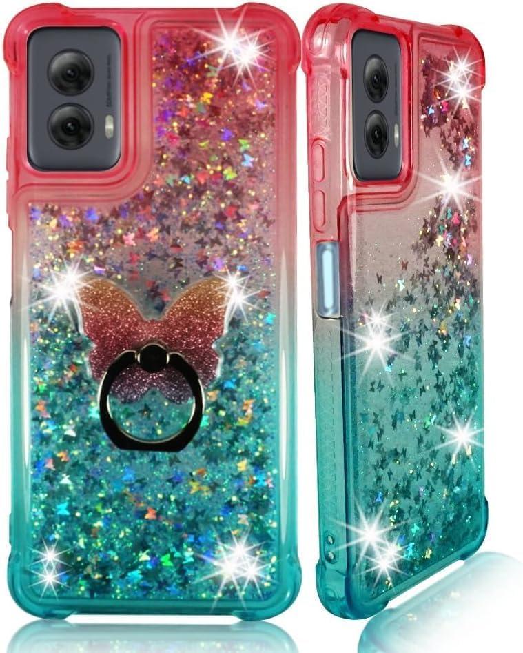 Zase for Motorola Edge (2024) Liquid Glitter Sparkly Bling Cute Clear Phone Case Design for Moto Edge 5G (2024) Floating 3D Butterflies Waterfall Quicksand w/Phone Ring Holder (Gradient Pink Aqua)