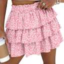 Caracilia Summer Skorts for Women Flowy High Waist Ruffle Tiered Mini Skirts 2026 Casual Beach Vacation Skirt Built-in Shorts (X-Large, Pink White Floral)