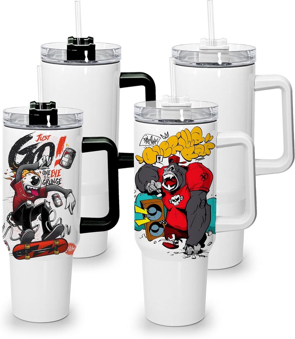 sweet grain Sublimation Tumblers 40 oz with Handle(4 Pack) - Stainless Steel Double Wall Vacuum Insulated Large Tumbler Bulk with Removable Handle and Straw - Black & White Handle