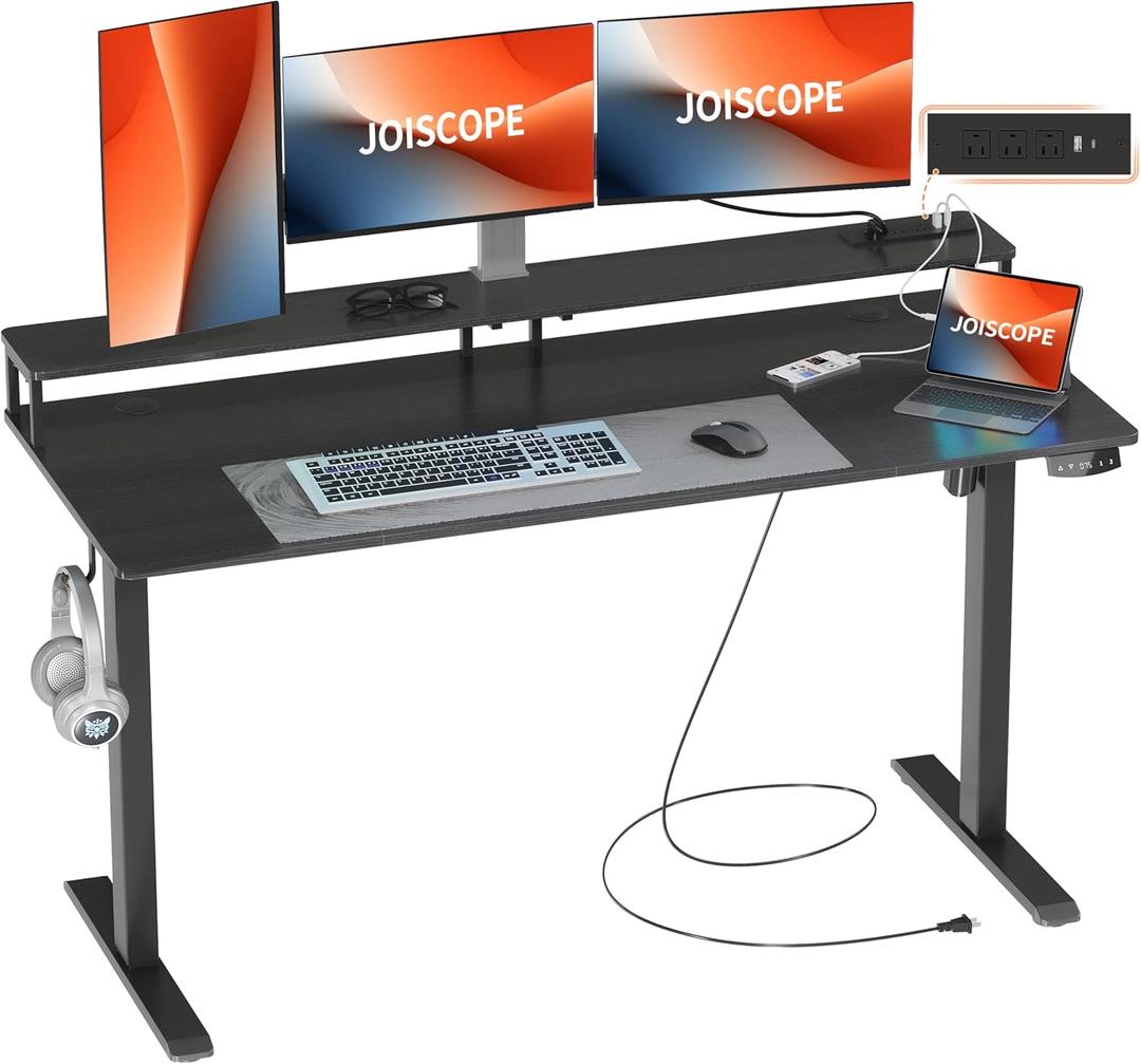 JOISCOPE 55 x 24 inch Adjustable Electric Standing Desk (3AC, USB, Type-C) with Monitor Shelf, 2 Memory Heights, Gaming Study Drafting 25 mm/s Sit Stand Desk for Home Office Bedroom,Black