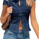 Tankaneo Women Short Sleeve Button Down Shirts Summer Y2k Slim Fit Collared Blouse Trendy Casual Cropped Tops XXL